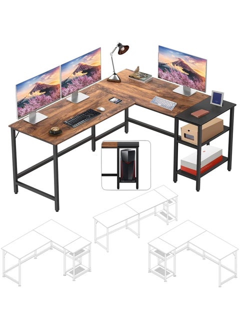 150x120x75cm L-Shaped Gaming Desk, Home Office Computer Desk with Storage Shelf, Study Writing Table, Black Metal Frame and Brown Desktop