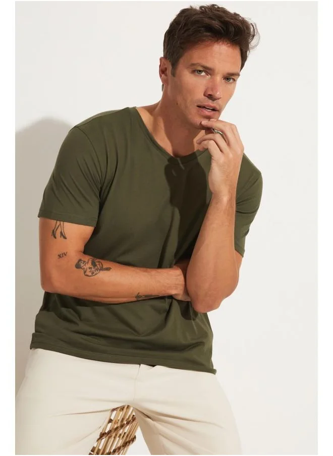 JUNE June Men Regular Fit Basic Short Sleeve V-Neck Tshirt Khaki