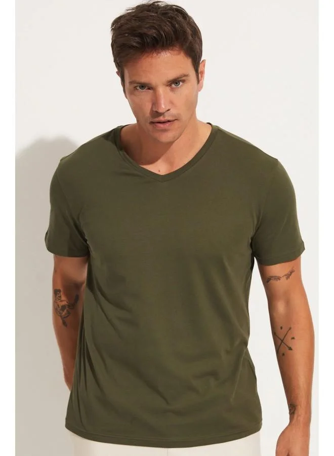 جون June Men Regular Fit Basic Short Sleeve V-Neck Tshirt Khaki