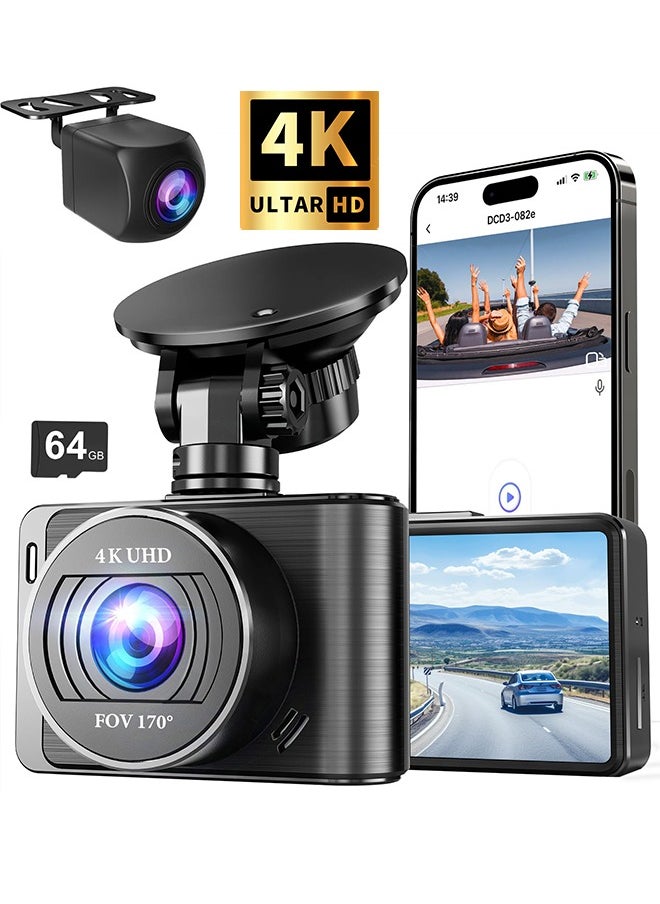 Digisand Dash Camera, 4K/1080p Dash Camera Front and Rear, Built-in WiFi, Dash Cam with 64GB SD Card, Full HD 2.0” IPS Screen, for App Control, G-Sensor, Loop Recording, and Parking Mode  - Image 1