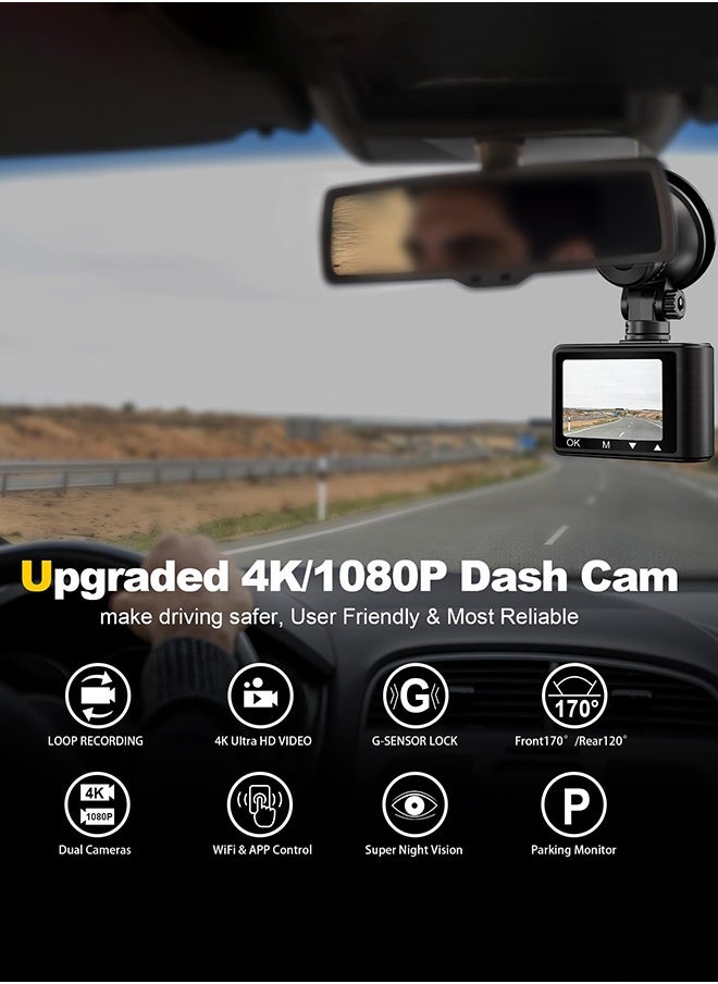 Digisand Dash Camera, 4K/1080p Dash Camera Front and Rear, Built-in WiFi, Dash Cam with 64GB SD Card, Full HD 2.0” IPS Screen, for App Control, G-Sensor, Loop Recording, and Parking Mode  - Image 2