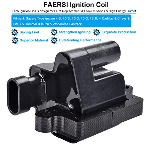 FAERSI Ignition Coil Pack Compatible with Chevy Silverado, Avalanche, Suburban, GMC & Cadillac Vehicles, Scalade, Avalanche, Silverado, Express 3500, Tahoe, Sierra, Savana, Replace for UF271, 5C1083, D581 - Image 3