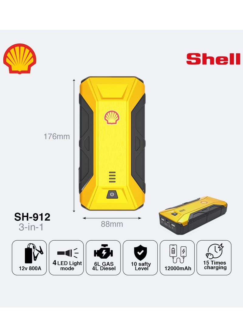 Shell Jump Starter - Shell Car Jump Starter 12V, 800Ahm, support cars upto 6L Gas , 2L Diesel , 4 mode LED light , Power bank for portable devices 12,000mAh - Image 1