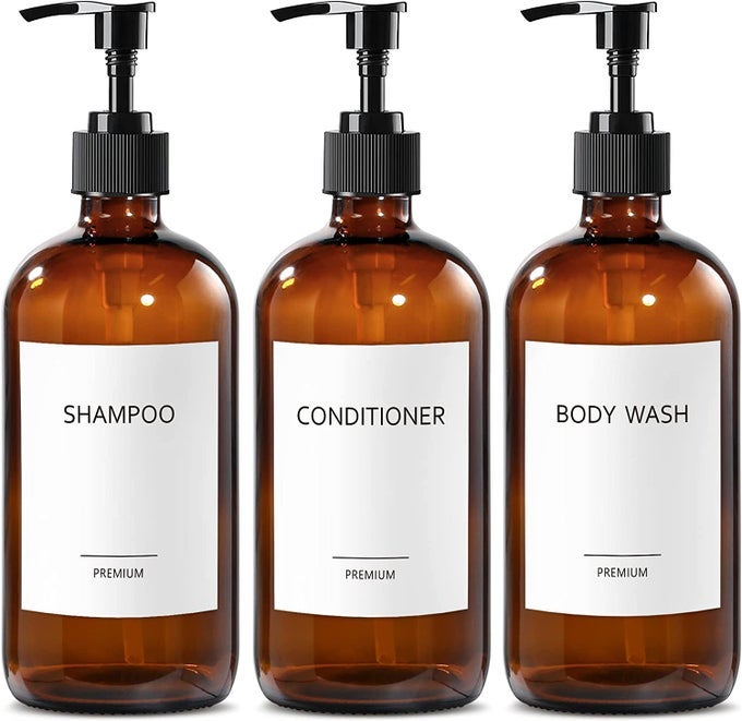 GMISUN GLASS SHAMPOO AND CONDITIONER DISPENSER SHOWER SOAP DISPENSER BOTTLES WITH LABELS REFILLABLE SHAMPOO CONDITIONER BODY WASH DISPENSERS AMBER GLASS SOAP PUMP DISPENSER SET FOR BATHROOM SHOWER