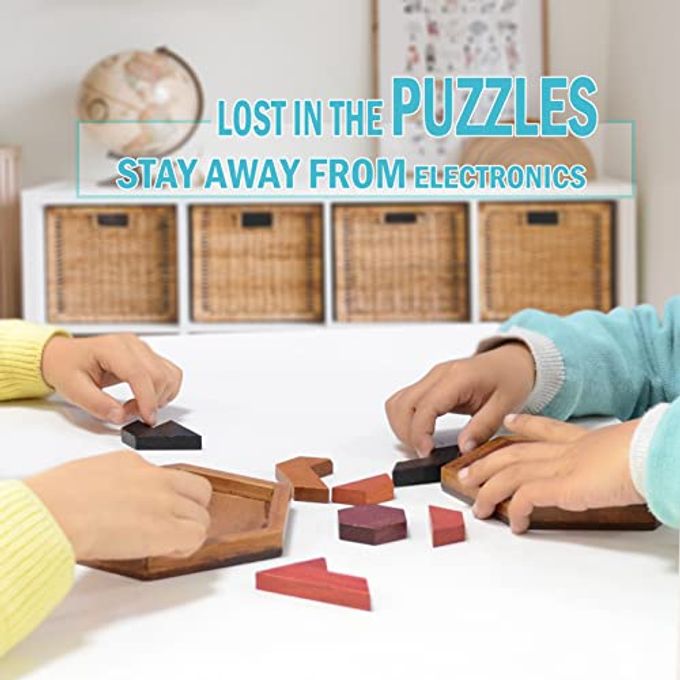KINGOU Hexagon Tangram Puzzle Wooden Brain Puzzles for Kids & Adult Challenge Wooden Brain Teasers Puzzle Games for Family Party Gift Brain Games for Kids - Image 2