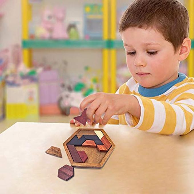 KINGOU Hexagon Tangram Puzzle Wooden Brain Puzzles for Kids & Adult Challenge Wooden Brain Teasers Puzzle Games for Family Party Gift Brain Games for Kids - Image 3