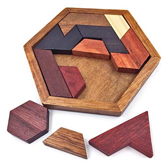 KINGOU Hexagon Tangram Puzzle Wooden Brain Puzzles for Kids & Adult Challenge Wooden Brain Teasers Puzzle Games for Family Party Gift Brain Games for Kids - Image 1