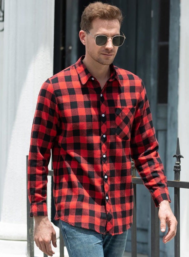 SANGTREE Mens Flannel Plaid Shirts Casual Long Sleeve Button Down Shirt Dad and Son Matching Shirts, Red Black, L - Image 3