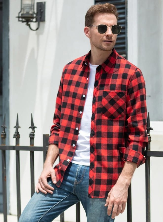 SANGTREE Mens Flannel Plaid Shirts Casual Long Sleeve Button Down Shirt Dad and Son Matching Shirts, Red Black, L - Image 2