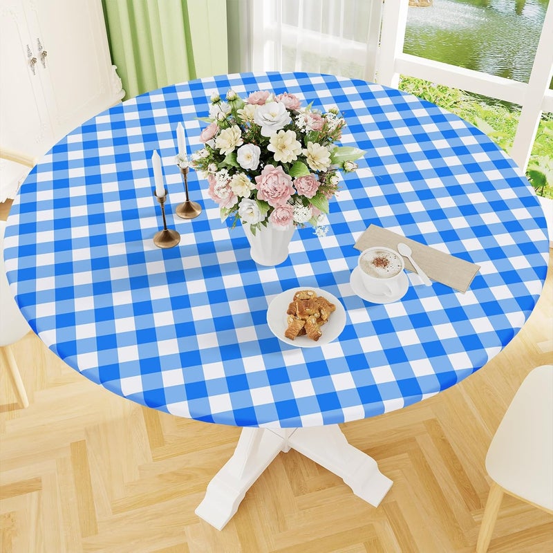 smiry Round Picnic Tablecloth, Elastic Waterproof Fitted Vinyl Tablecloths for 36"-44" Tables, Flannel Backed Buffalo Plaid Table Cover for Dining, Camping, Outdoor, White and Blue - Image 1