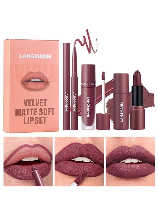 LANGMANNI Velvet Matte Soft Lipset, 3 in 1 Matte Soft Lip Set Lip Liner Liquid Lip Gloss And Lipstick Combo Set Soft Smooth Natural Lip Contour Set Waterproof And Long Lasting Effect All in One Lip Makeup Gift #06 - Image 1