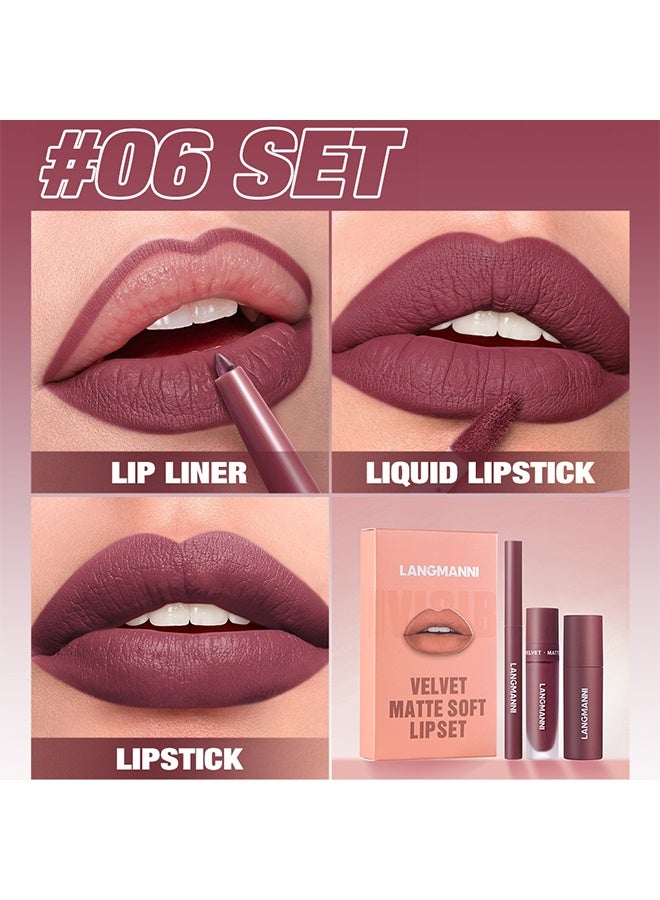 LANGMANNI Velvet Matte Soft Lipset, 3 in 1 Matte Soft Lip Set Lip Liner Liquid Lip Gloss And Lipstick Combo Set Soft Smooth Natural Lip Contour Set Waterproof And Long Lasting Effect All in One Lip Makeup Gift #06 - Image 2