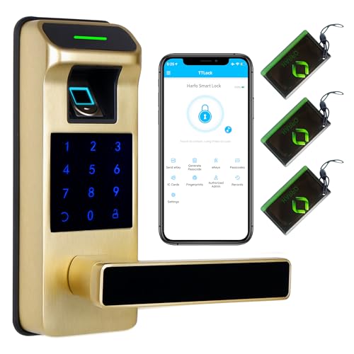 Harfo Fingerprint Door Lock Heavy Duty Full APP Control Touchscreen Keypad Keyless Lock with Reversible Handle Perfect for HomeOfficeBedroom Doors Gold - Image 1