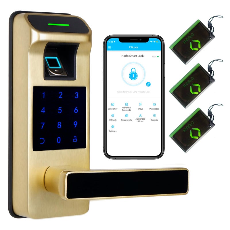Harfo Fingerprint Door Lock Heavy Duty Full APP Control Touchscreen Keypad Keyless Lock with Reversible Handle Perfect for HomeOfficeBedroom Doors Gold - Image 2