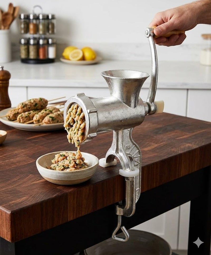 Original Heavy Cast 10 Size Manual Meat Grinder for Making Kofta and Biscuits, Durable Grinding Tool with Mounting Base and Wooden Handle - Image 4