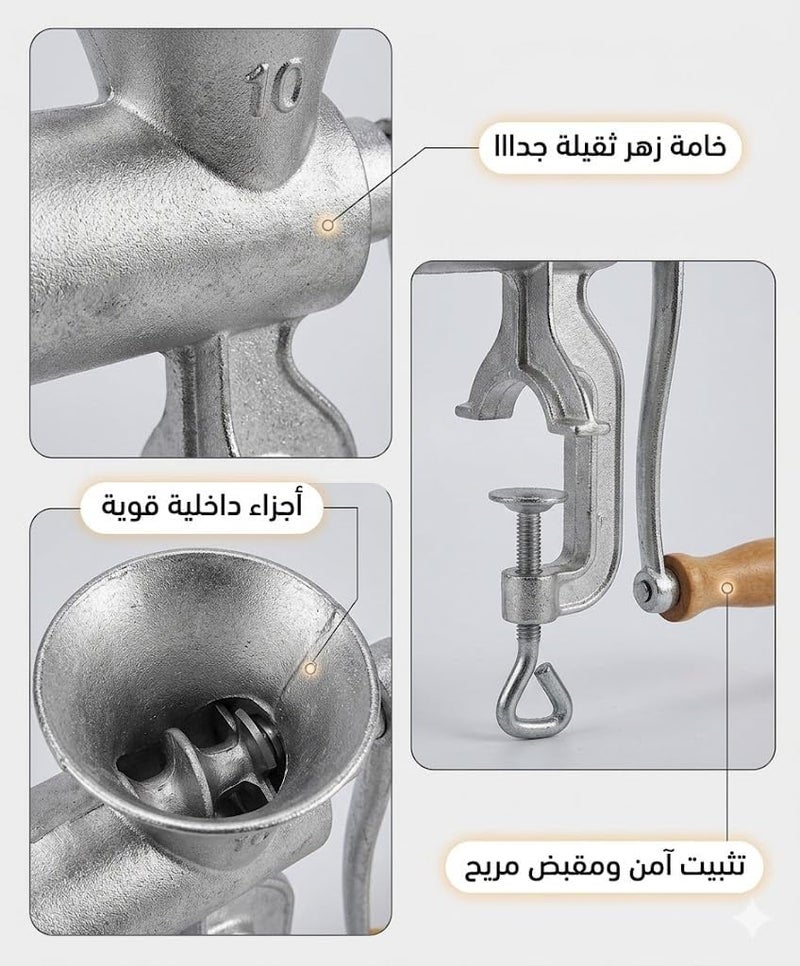 Original Heavy Cast 10 Size Manual Meat Grinder for Making Kofta and Biscuits, Durable Grinding Tool with Mounting Base and Wooden Handle - Image 5
