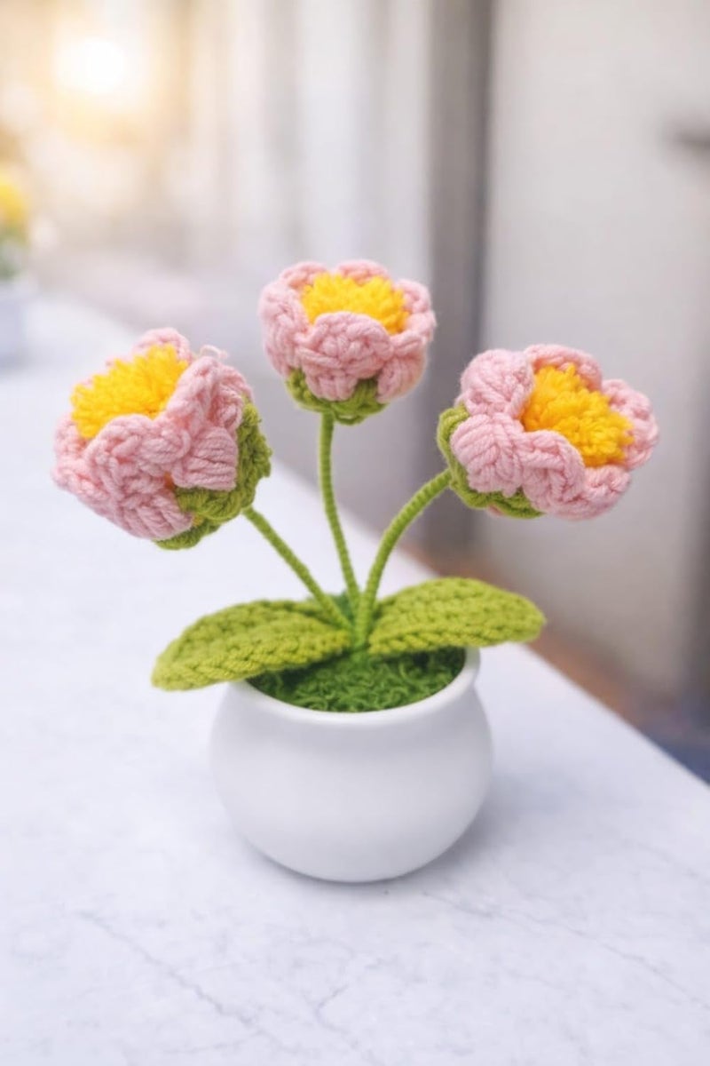 VRB DecTM 1 Pcs Crochet Flowers Artificial Daisy for Office Desk Car Dashboard Decor,Home Decoration, Office, Bedroom, Christmas Decor, Wedding,Diwali (Single Pink Daisy with Pot) - Image 1