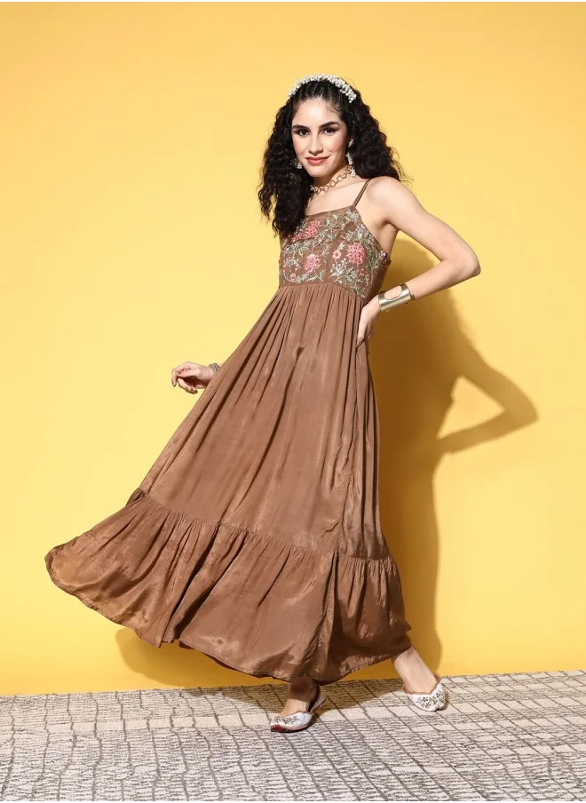 ISHIN Aline Fit Self Design Pattern Shoulder Straps Neck 3/4 sleeve Brown Colour Knitted Cotton Kurtas for Women with Semi Elastic Closure - A Must-Have for Every Wardrobe