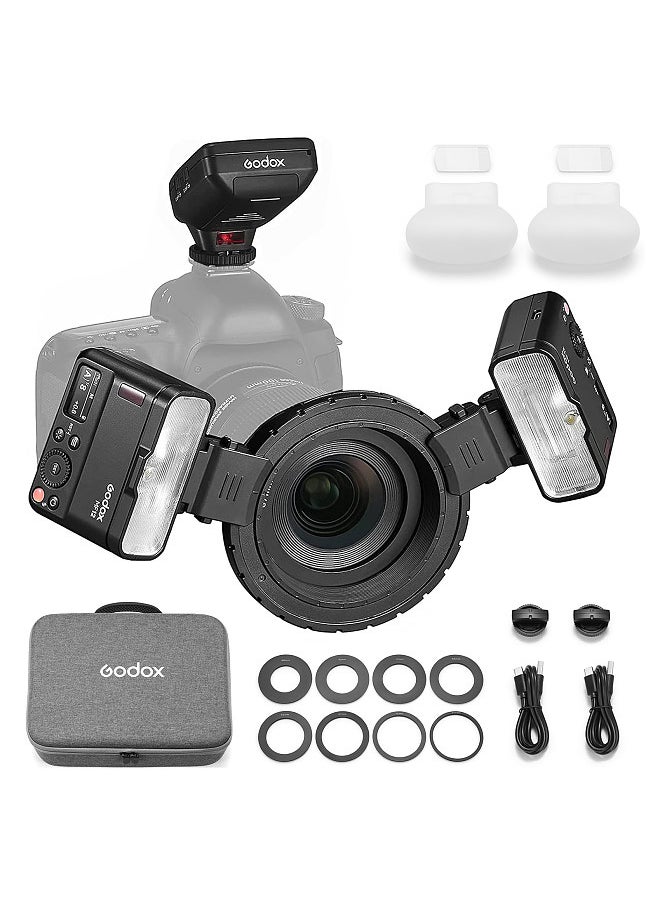 Godox - MF12-DK1 Macro Flash Kit Including 2 x MF12 Off-Camera TTL Flash Light + 1 x Flsh Trigger + 8 x Adapter Rings + 1 x Mounting Ring + 2 x Diffusers + 2 x Cold Shoe Mounts - Image 1