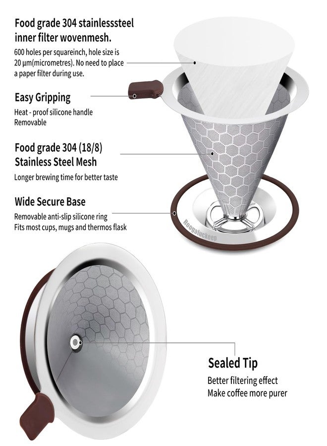 Roogaluckeep Pour Over Coffee Dripper, Stainless Steel Coffee Filter, Paperless Reusable Coffee Filter, Metal 600 Mesh Strainer Coffee Maker Single Cup Brewer 1-2 Cup - Image 2