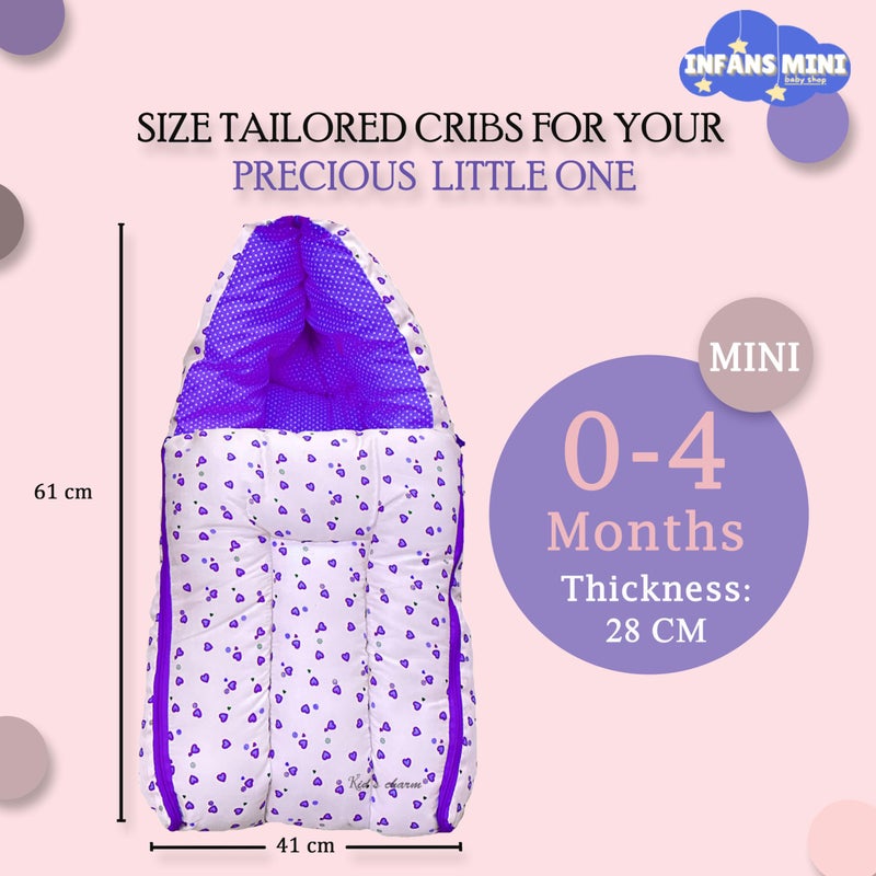 Infans Mini Little Heart Mini 3 in 1 Baby's Cotton Bed Cum Carry Bed Printed Baby Sleeping Bag-Baby Bed-Infant Portable for Unisex Easily Portable,Light Weight Carry for New Born0-4 Months Old(Violet) - Image 2