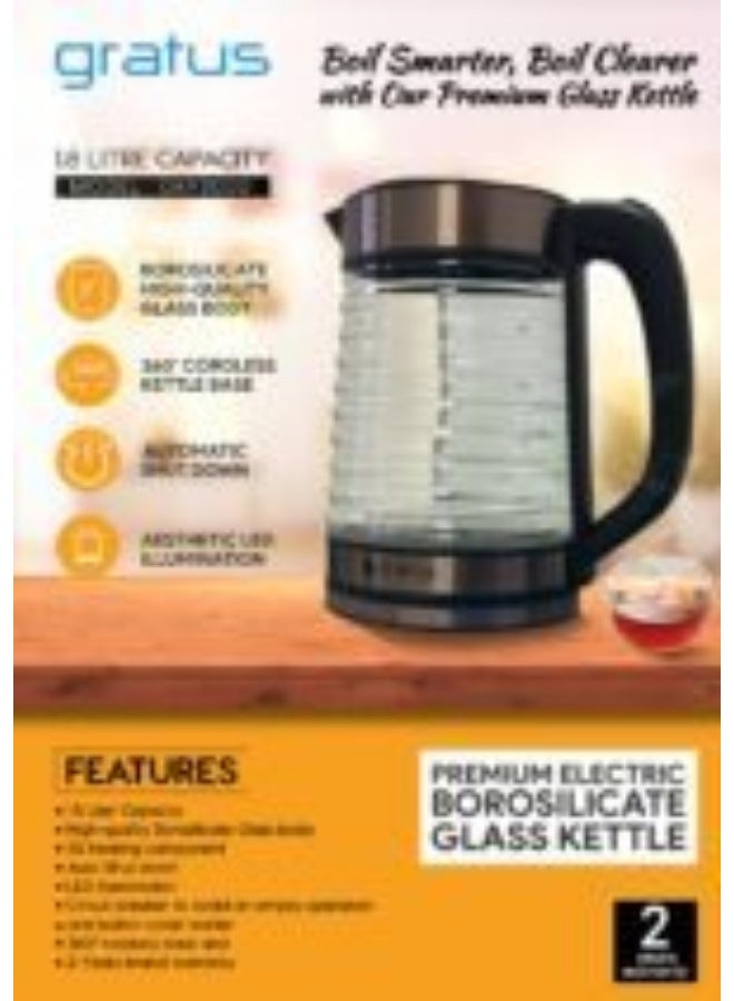 Gratus 1.8 Liter Cordless Glass Electric Kettle with Blue LED Illumination & Auto Shut-Off, 1500W, Black/Transparent - GKP3000 - Image 4