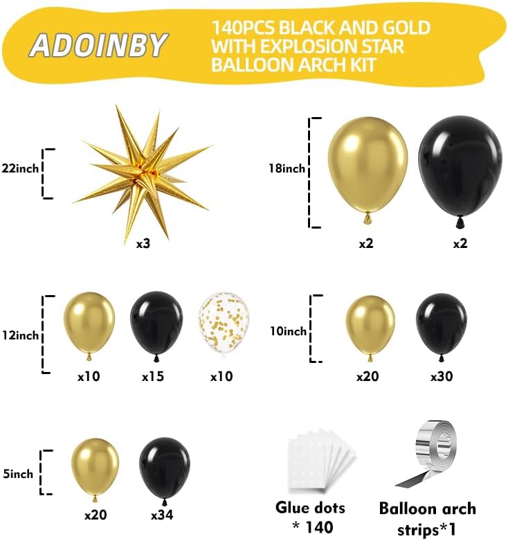 ADOINBY Gold and Black Balloons 140Pcs Birthday Decoration Kit - Image 2