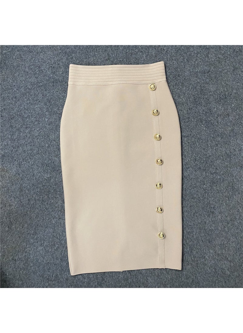 Generic - 2022 Autumn New High-Waisted Slimming Single-Row Button Design Mid-Length Dress Tummy Control Shapewear Underneath Apricot - Image 1