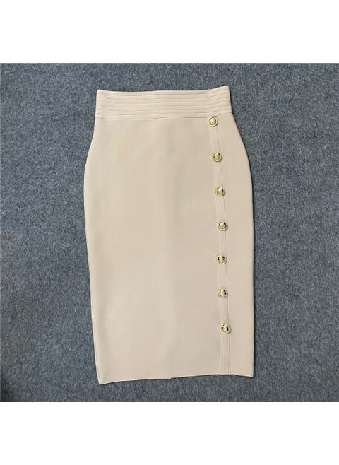 2022 Autumn New High-Waisted Slimming Single-Row Button Design Mid-Length Dress Tummy Control Shapewear Underneath Apricot