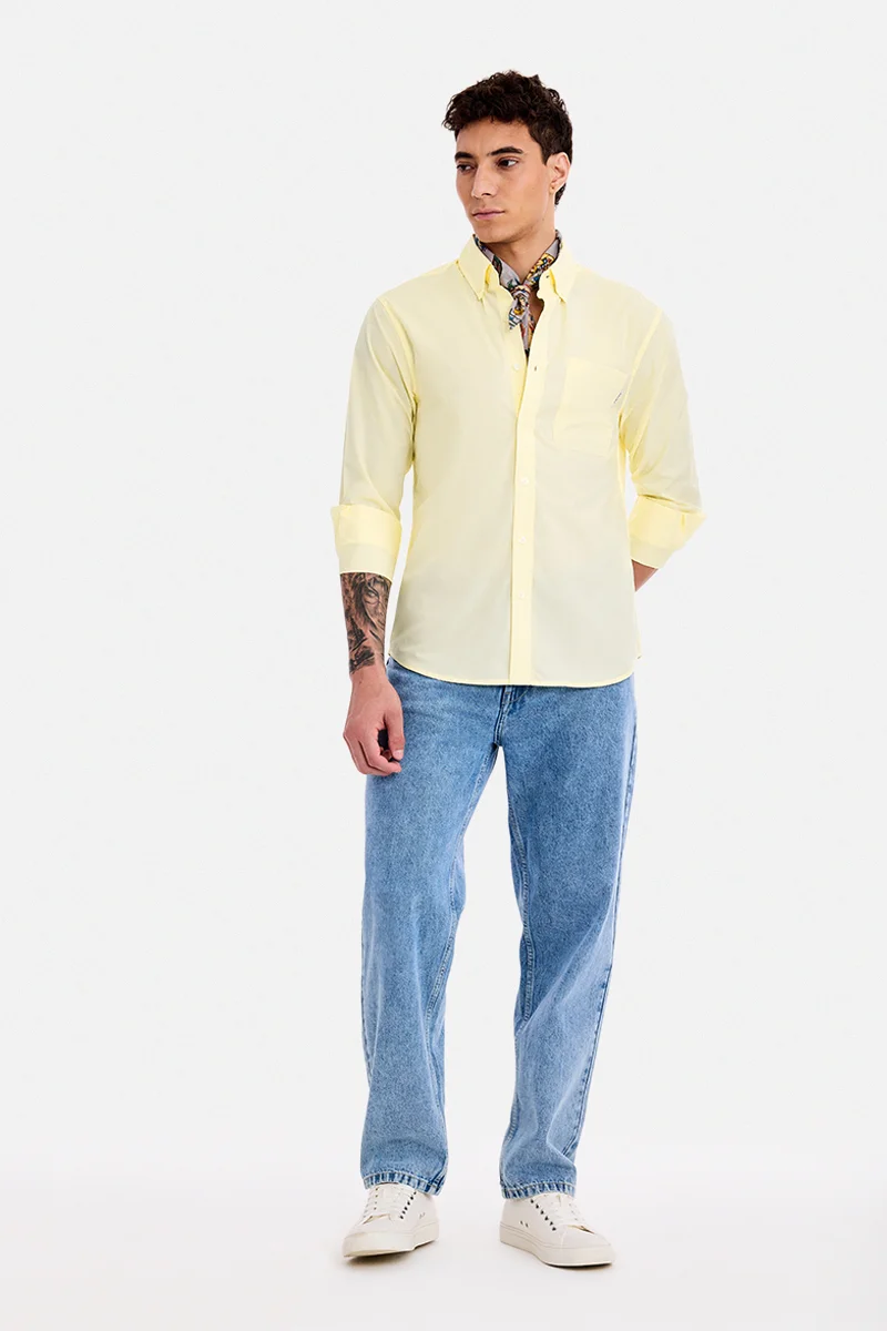 SNITCH Light Yellow Solid Long Sleeve Regular Fit Shirt