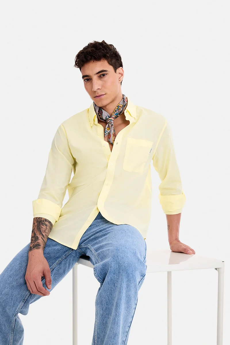 SNITCH Light Yellow Solid Long Sleeve Regular Fit Shirt