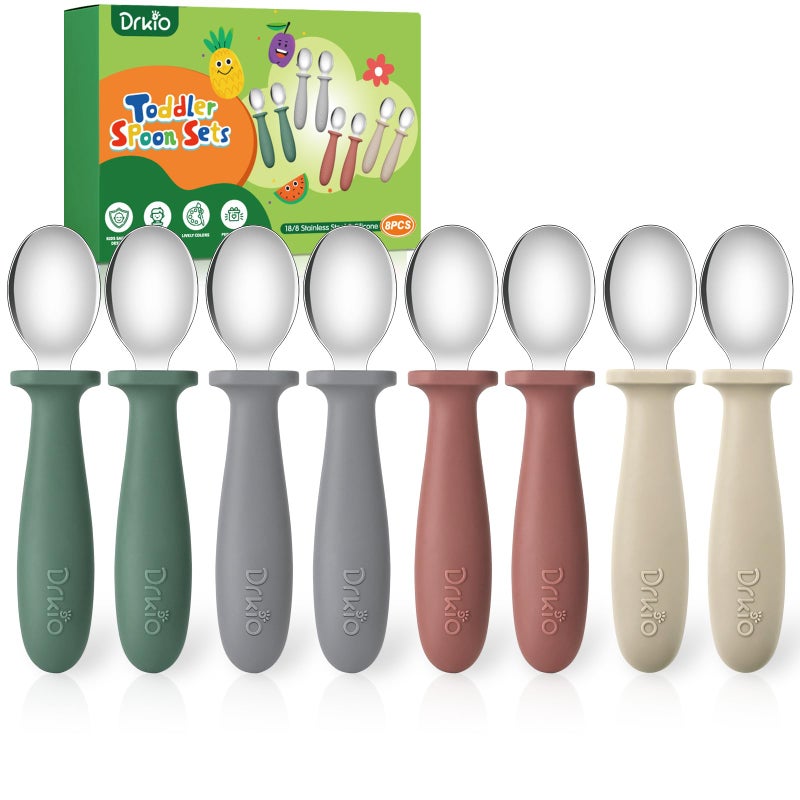 DRKIO 8 PCS Toddler Spoons Set Baby Spoons with Silicone Handle Children safe 188 Stainless Steel Toddler Utensils Set for Self Feeding Kids Silverware AntiChoke Design Food Grade Dishwasher Safe - Image 3