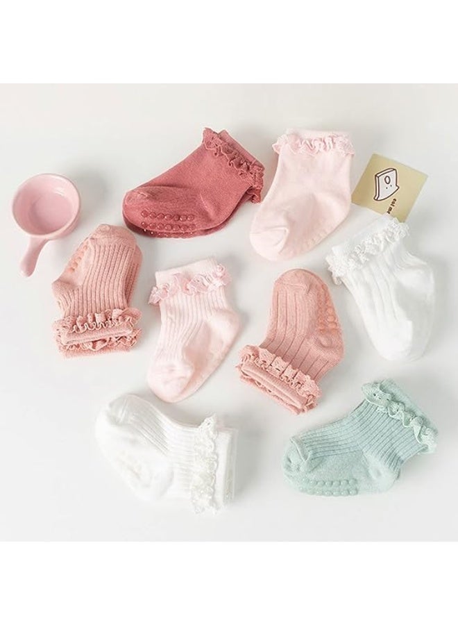 Toddler Girls Anti Slip Socks - Non Skid Frilly Ruffle Design with Grips for Baby 0-3 Years (8 pairs) - Image 2