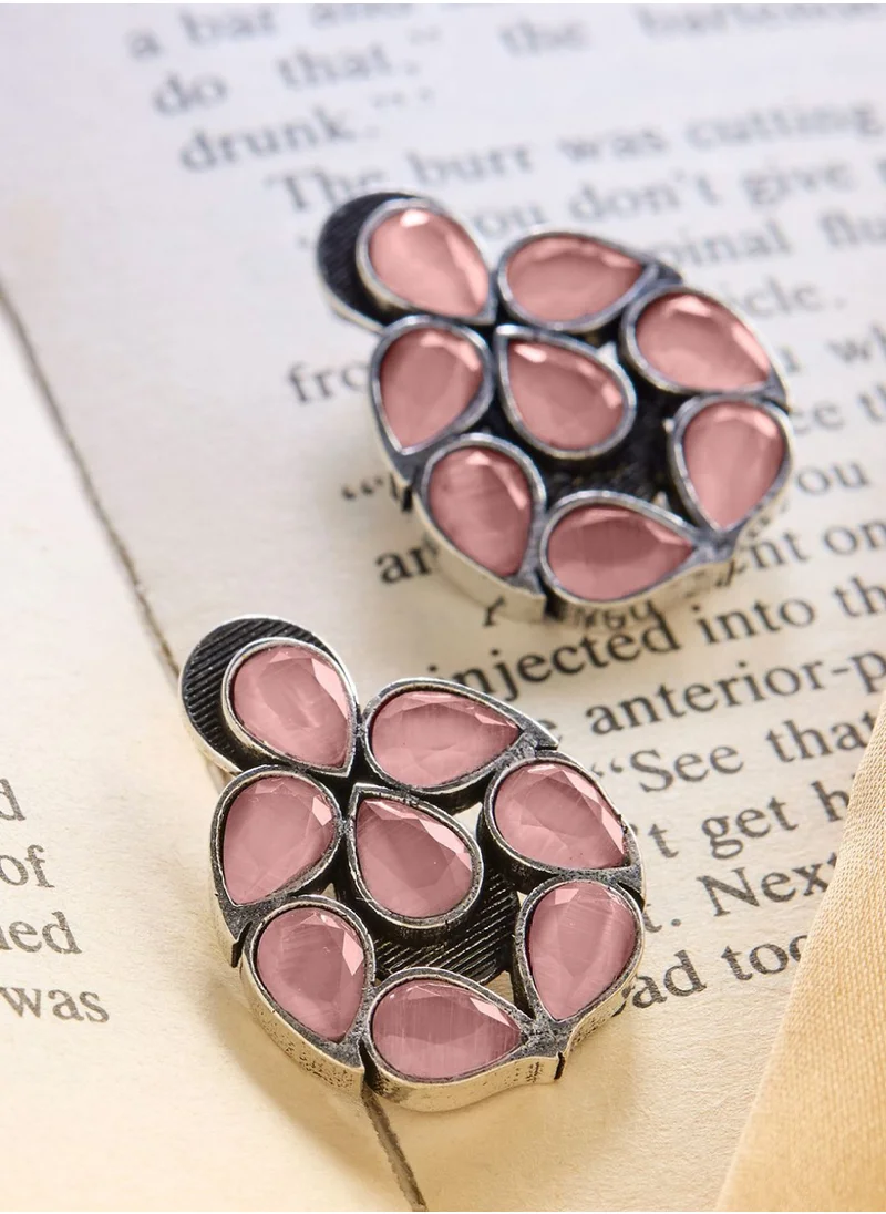 برياسي Plated Rose Quartz Stone Studded Oxidized Contemporary Studs Earrings