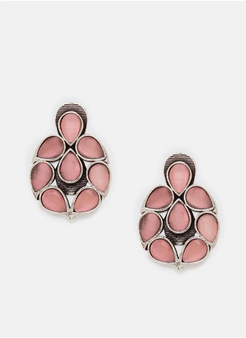 Priyaasi Plated Rose Quartz Stone Studded Oxidized Contemporary Studs Earrings