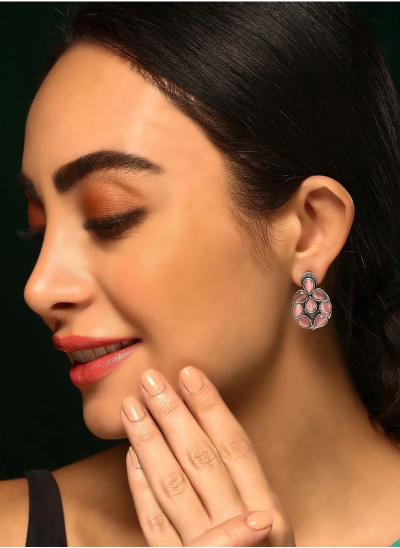 برياسي Plated Rose Quartz Stone Studded Oxidized Contemporary Studs Earrings