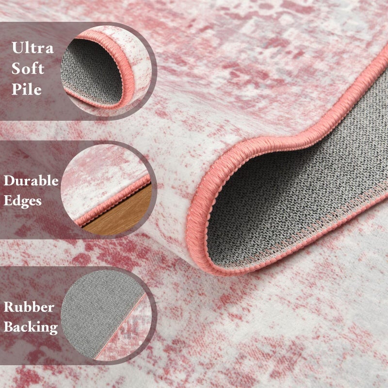 Macgace Washable Abstract Rug, 3x5 Modern Area Rugs with Non-Slip Rubber Backed for Bedroom, Thin but Soft Contemporary Carpet Kitchen Living Room Decor, Pink - Image 4