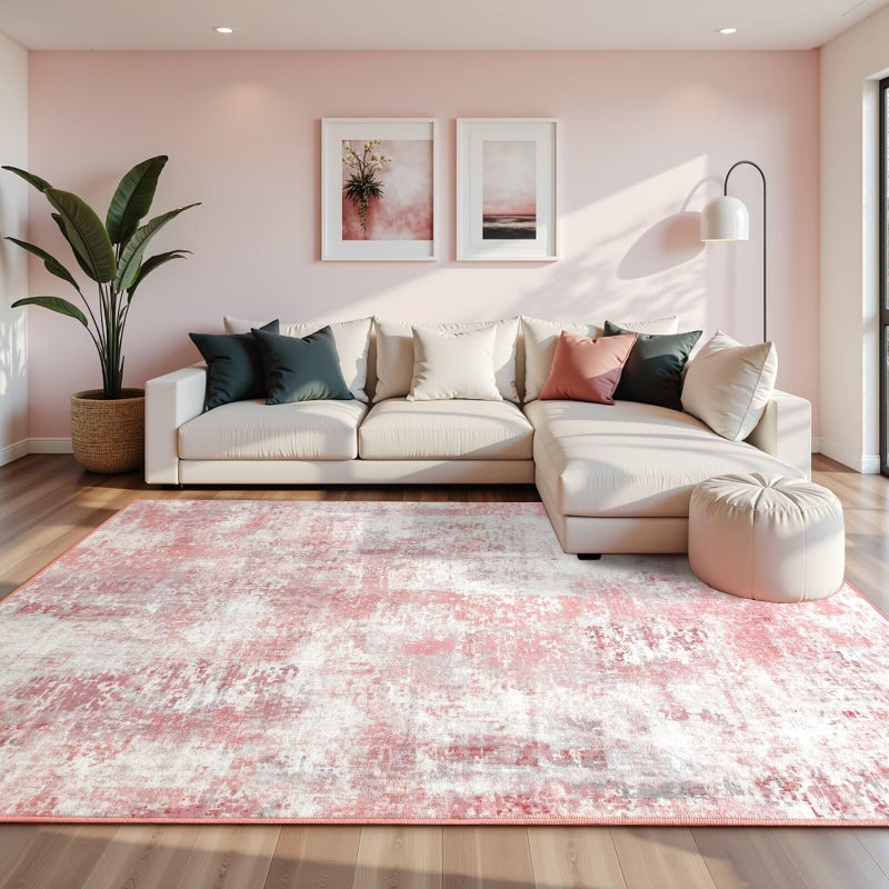Macgace Washable Abstract Rug, 3x5 Modern Area Rugs with Non-Slip Rubber Backed for Bedroom, Thin but Soft Contemporary Carpet Kitchen Living Room Decor, Pink - Image 2
