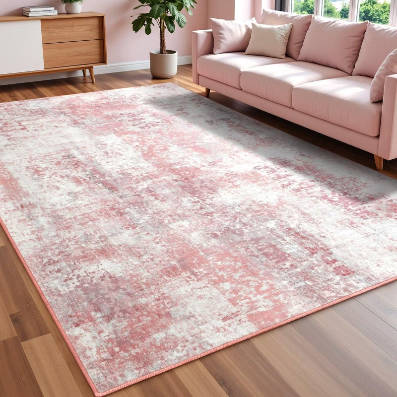 Macgace Washable Abstract Rug, 3x5 Modern Area Rugs with Non-Slip Rubber Backed for Bedroom, Thin but Soft Contemporary Carpet Kitchen Living Room Decor, Pink - Image 1