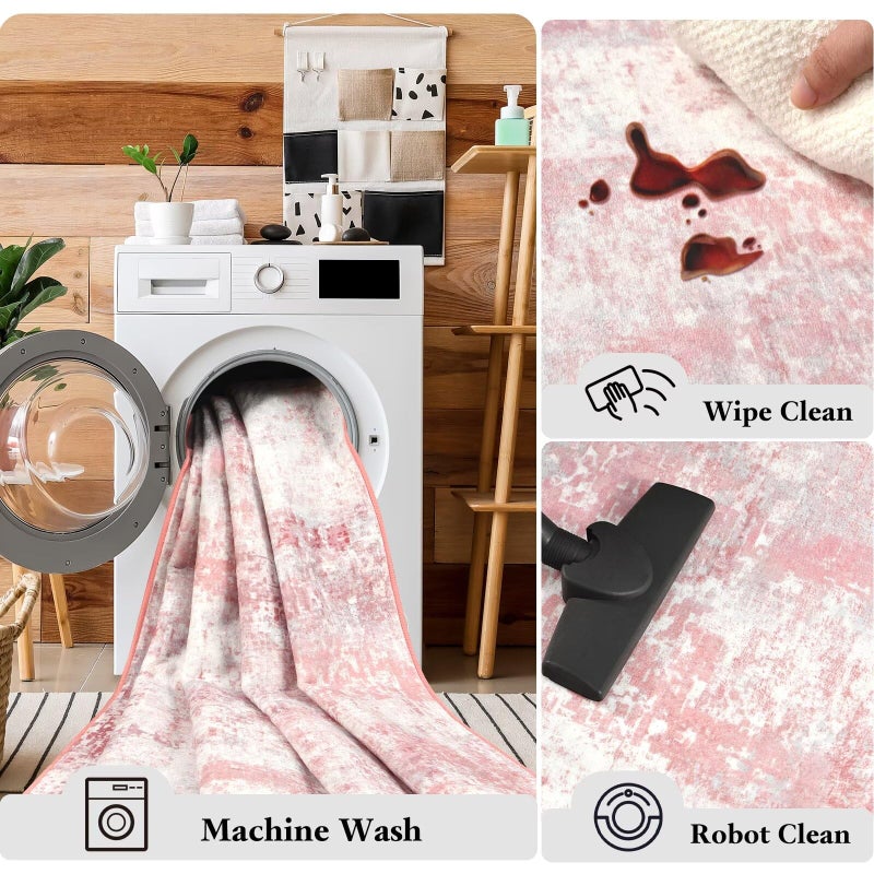 Macgace Washable Abstract Rug, 3x5 Modern Area Rugs with Non-Slip Rubber Backed for Bedroom, Thin but Soft Contemporary Carpet Kitchen Living Room Decor, Pink - Image 5