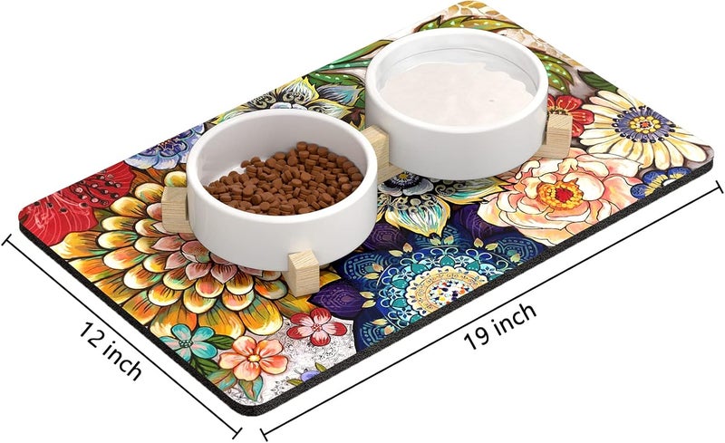 Rnivvi Dog Food Mat, 12"x19" Flower Dog Mat for Food and Water, Absorbent Cat Bowl Mat Protect Floors, Cute Cat Food Mat for Feeding & Watering Supplies, 3MM Pet Feeding Mat, Mandala Pet Placemat - Image 2