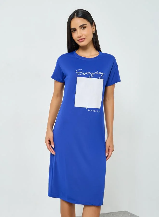 Take Two Blue Short Sleeve Printed T-Shirt Dress
