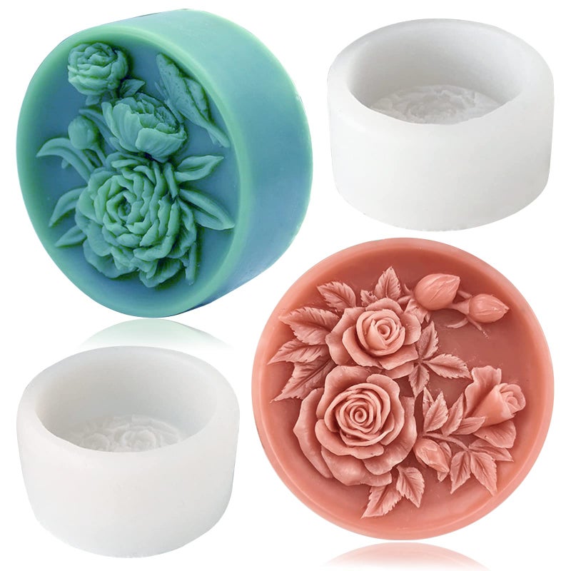 2PCS Round Flower Soap Molds for Soap Making Rose Resin Candle Mold Silicone Bath Bombs Lotion Bar Silicone Mold 3D Mold for Soap Candle Beeswax Making Handmade Cake Chocolate Biscuit Ice Pudding