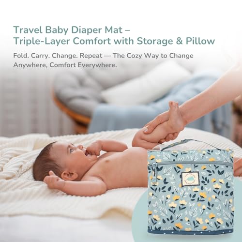 Tidy Sleep Baby Portable Diaper Changing Mat – Waterproof, Foldable Travel Mat with Storage Pockets & Soft Padding Pillow–Easy-to-Carry Changing Station Organizer for Newborns & Toddlers (Mom & Me Green Flower) - Image 3
