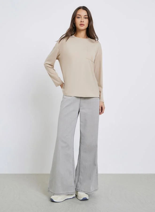 ستايلي تيشيرت سادة واسع بجيب امامي