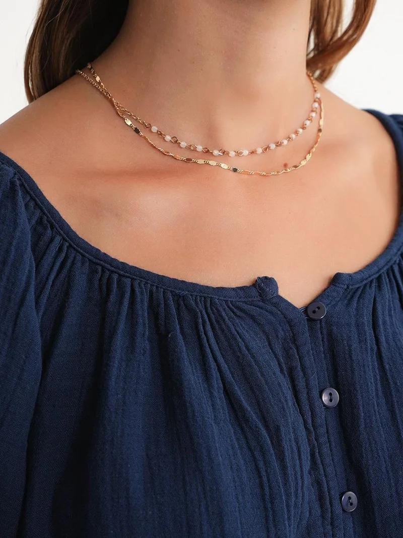 Mixray Navy Blue Mixray Buttoned Muslin Blouse for Women | Best Price UAE