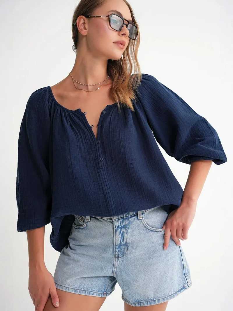 Mixray Navy Blue Mixray Buttoned Muslin Blouse for Women | Best Price UAE