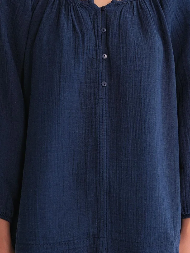 Mixray Navy Blue Mixray Buttoned Muslin Blouse for Women | Best Price UAE