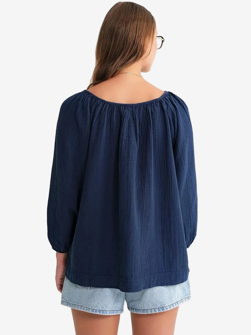 Mixray Navy Blue Mixray Buttoned Muslin Blouse for Women | Best Price UAE