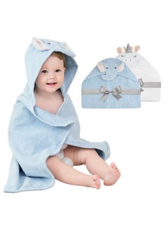 softan Softan 2 Pack Baby Hooded Towels, Premium Soft Cotton Baby Bath Towels with Hood, Extra Thick and Super Absorbent, Essential for Newborns, Infants and Toddlers (Blue Elephant & White Unicorn)  - Image 1